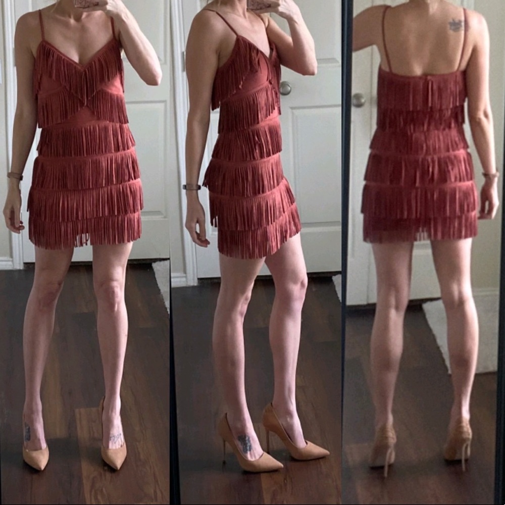 Burnt dusty pink red mauve faux suede fringe dress